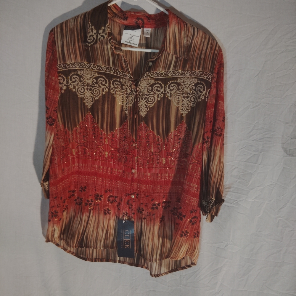 Click brown pink and watermelon button down